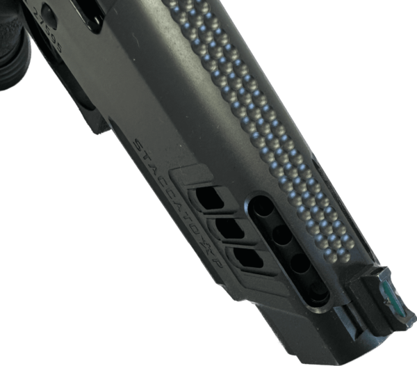 STACCATO P OPTIC READY CUSTOM DLC V8 PORTED BULL BARREL TACTICAL TEXTURE GRIP TOP RIGHT SIDE VIEW CLOSE UP PORTING AND MACHINING