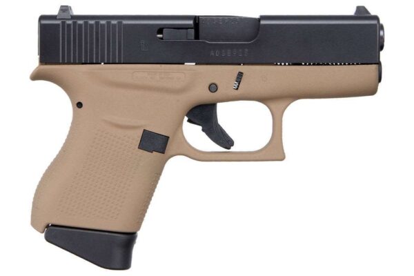 APOLLO CUSTOM GLOCK 43 DAVIDSON'S DARK EARTH FRAME BLACK SLIDE CERAKOTE 9MM TOP LEFT SDIE VIEW FRONT ANGLE