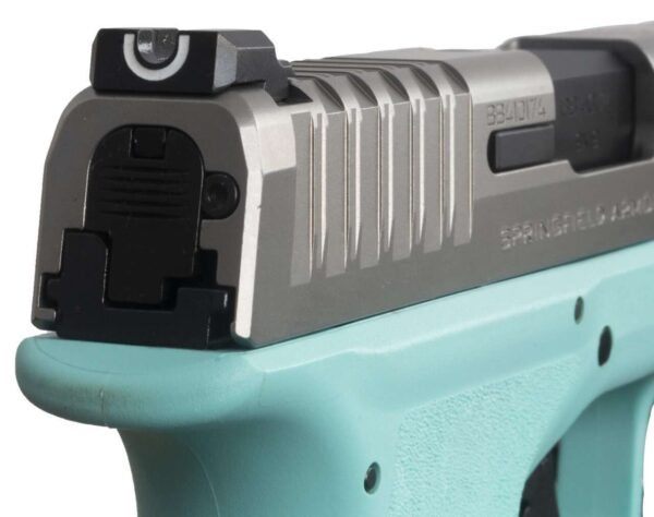 SPRINGFIELD ARMORY HELLCAT® 3″ MICRO-COMPACT ROBINS EGGS BLUE STAINLESS DAVIDSON'S EXCLUSIVE REAR RIGHT SIDE VIEW REAR SIGHT CLOSE UP