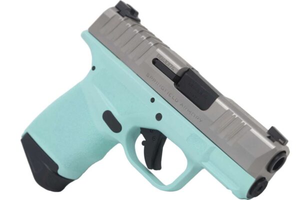 SPRINGFIELD ARMORY HELLCAT® 3″ MICRO-COMPACT ROBINS EGGS BLUE STAINLESS DAVIDSON'S EXCLUSIVE RIGHT SIDE VIEW FRONT ANGLE MUZZLE ANGLE DOWN