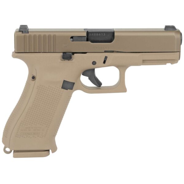 GLOCK 19X TAN FRAME TAN NPVD SLIDE LEFT SIDE VIEW FRONT ANGLE