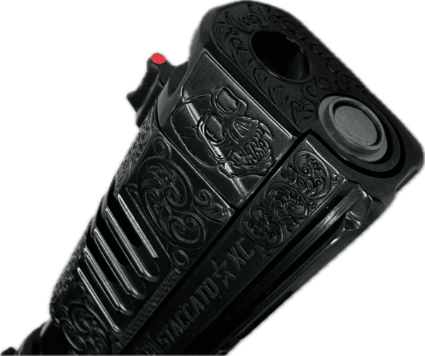 STACCATO XC CUSTOM ENGRAVED BLACK DLC 9MM MUZZLE CLOSE UP