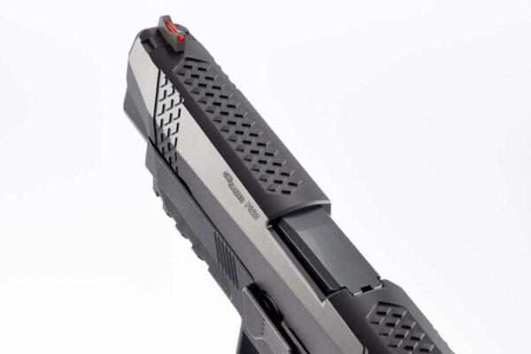 WILSON COMBAT SIG SAUER P320F BLACK STRAIGHT TRIGGER WITH ACTION TUNE TOP LEFT SIDE VIEW REAR ANGLE