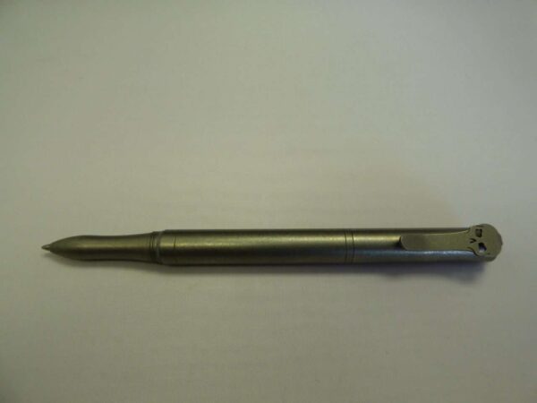 CHAVES ULTRAMAR STONEWASHED TITANIUM TWIST CAP PEN CAP ATTACHED TO BACK WITH SKULL SHOWING AND TIP EXPOSED