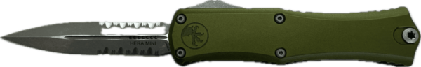 MICROTECH KNIVES MINI HERA II DOUBLE EDGE OD GREEN PARTIAL SERRATED APOCALYPTIC NON CLIP SIDE