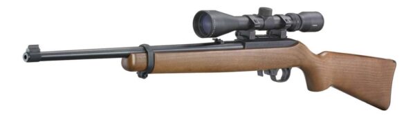 RUGER 10/22 CARBINE HARDWOOD STOCK 18.5" STOCK WITH SCOPE LEFT SIDE VIEW FRONT ANGLE