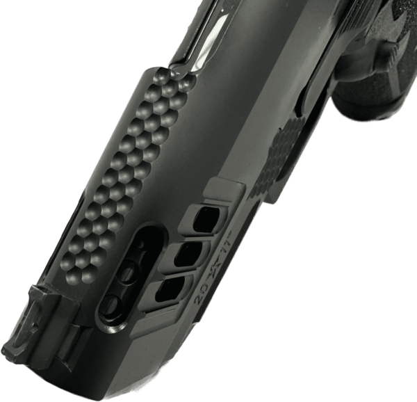 STACCATO CS CUSTOM OPTIC READY V6 PORTED BULL 3.5" BARREL DLC TRIGGER JOB 9MM FRONT LEFT SIDE VIEW MACHINING AND PORTS CLOSE UP