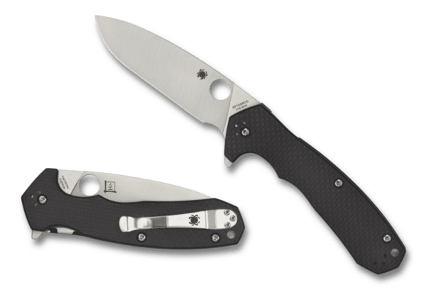 SPYDERCO BRIAN LAI AMALGAM CLOSED AND OPEN WITH TIP ANGLE UP TO THE LEFT AND EDGE FACING DOWN