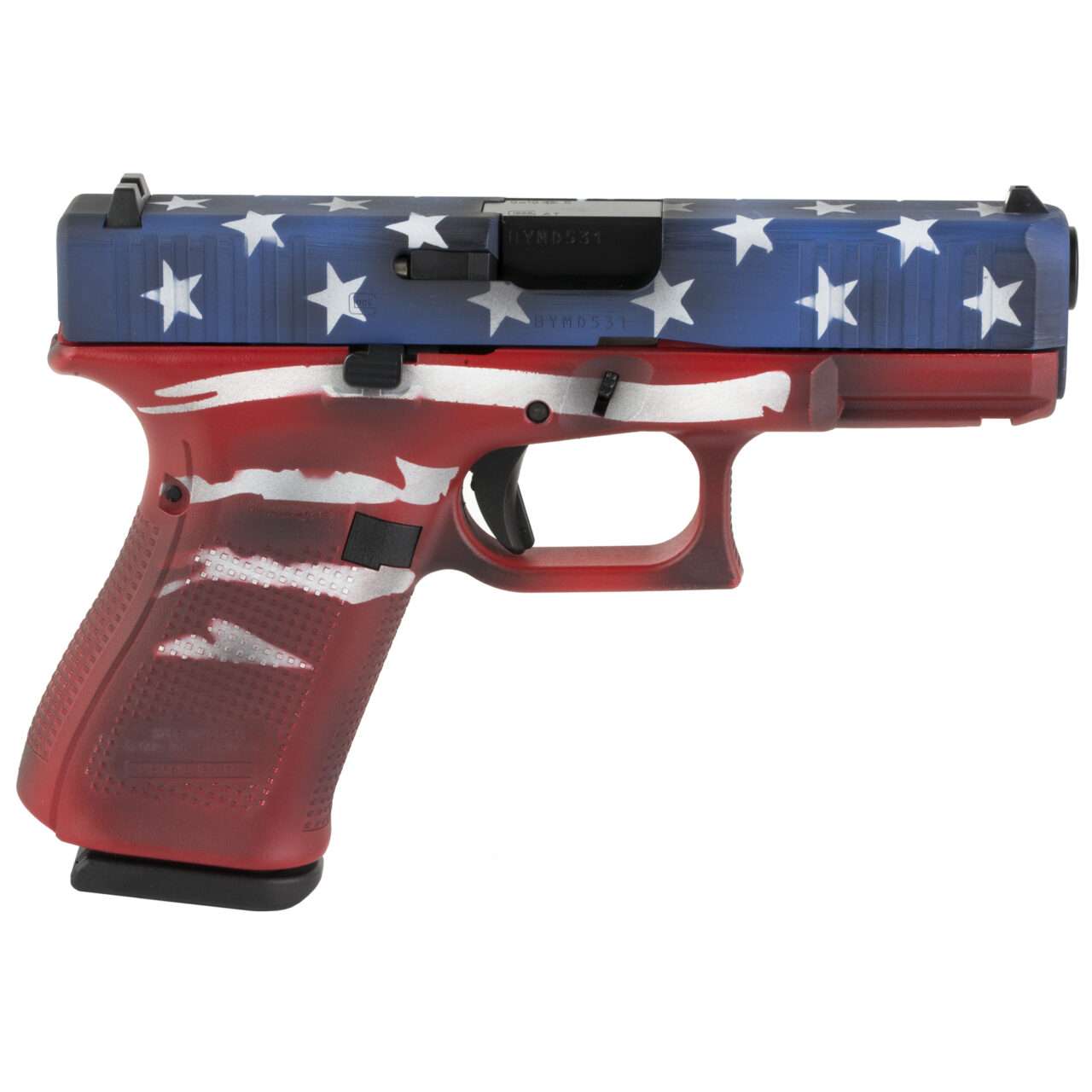 GLOCK 19 GEN5 SKYDAS CERAKOTE RED WHITE BLUE BATTLE WORN FLAG 9MM LEFT SIDE VIEW FRONT ANGLE