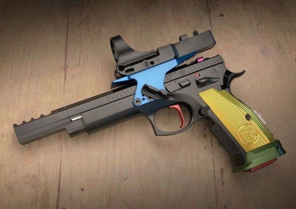 CZ CZ75 TACTICAL SPORTS CZECHMATE PARROT 9MM LEFT SIDE VIEW LAYING FLAT OPEN CONFIGURATION