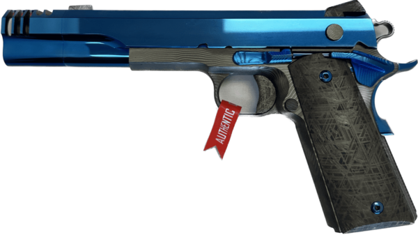 CABOT ONE OF A KIND GRADE CUSTOM 1911 BLUE PVD SLIDE WITH COMPENSATOR DAMASCUS FRAME METEORITE TRIGGER, GRIPS AND SIGHTS .45 ACP LEFT SIDE VIEW