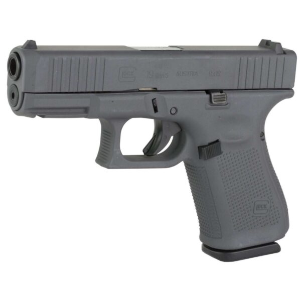 GLOCK 19 GEN 5 FS AUSTRIA 9MM SKYDAS CERAKOTE SNIPER GREY LEFT SIDE VIEW FRONT ANGLE