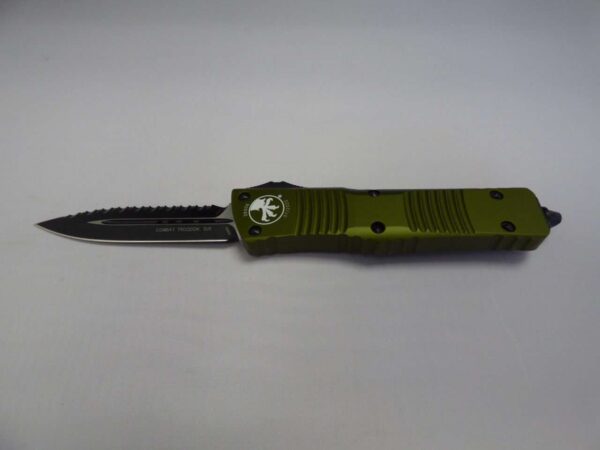 MICROTECH COMBAT TROODON DOUBLE EDGE OD GREEN FULL SERRATED LABEL