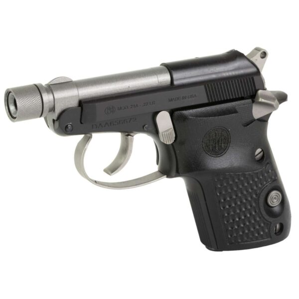 BERETTA 21A BOBCAT SILVER-BLACK GORILLA TWO-TONE .22LR LEFT SIDE VIEW FRONT ANGLE