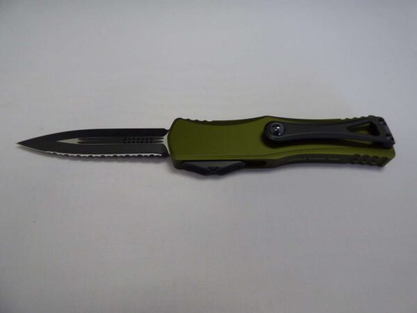 MICROTECH HERA DOUBLE EDGE OD GREEN FULL SERRATED CLIP SIDE