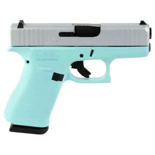 GLOCK 43X US SKYDAS CERAKOTE ROBIN EGG BLUE FRAME CRUSHED SILVER SLIDE 9MM LEFT SIDE VIEW