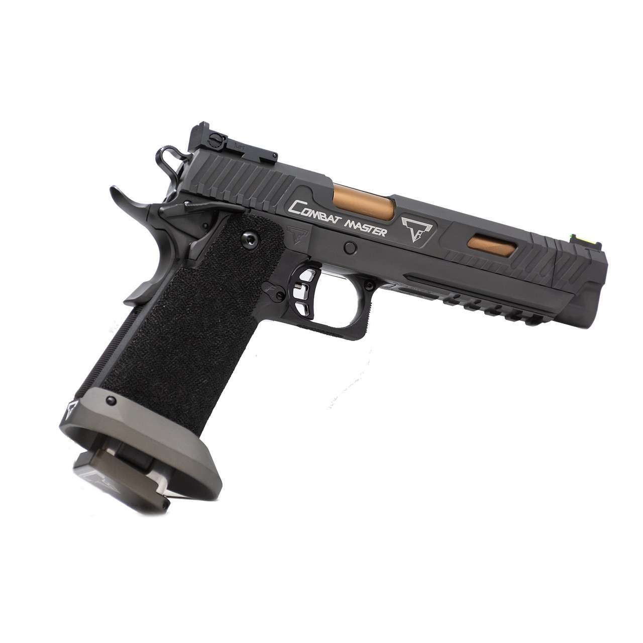 TARAN TACTICAL JOHN WICK 3 COMBAT MASTER SIGHT BLOCK .40S&W RIGHT SIDE VIEW FRONT ANGLE SLIDE LOCKED TO REAR