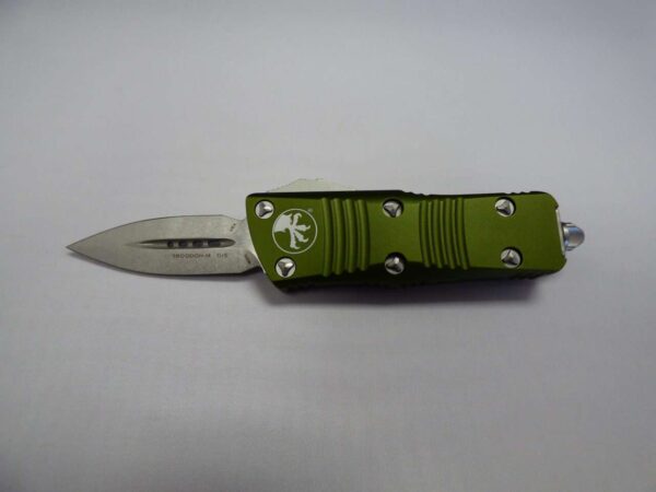 MICROTECH TROODON MINI DOUBLE EDGE OD GREEN STONEWASH STANDARD CLIP SIDE BLADE OUT