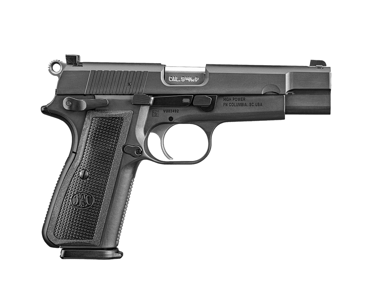 FN HIGH POWER BLACK WITH BLACK GRIPS BOTTOM RIGHT SIDE VIEW FRONT ANGLE