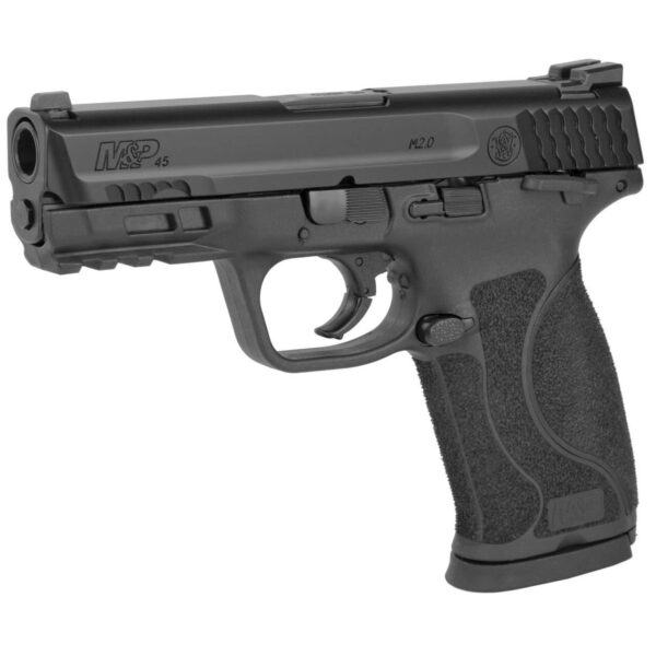 SMITH AND WESSON M&P45 M2.0 4" COMPACT THUMB SAFETY TOP LEFT SIDE VIEW FRONT ANGLE