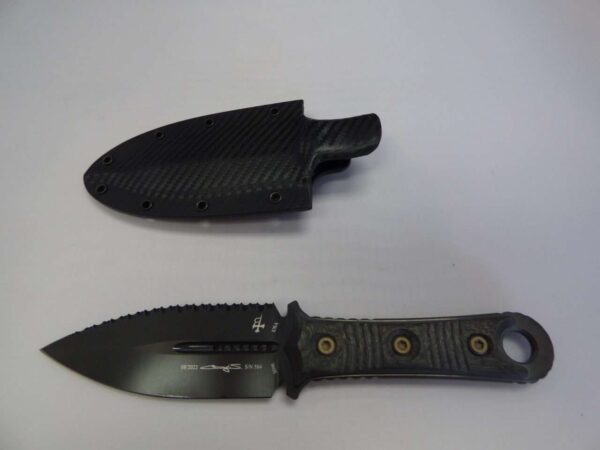MICROTECH SBD DOUBLE EDGE SIGNATURE SERIES CARBON FIBER HANDLE DLC FULL SERRATED WITH SHEATH CLIP SIDE SERRATIONS DOWN