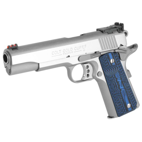 COLT GOLD CUP LITE STAINLESS STEEL BLUE G10 5" .45 ACP LEFT SIDE VIEW FRONT ANGLE