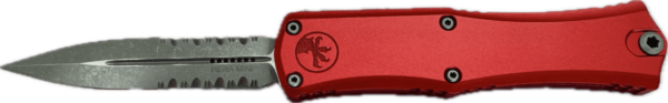 MICROTECH KNIVES MINI HERA II DOUBLE EDGE RED PARTIAL SERRATED APOCALYPTIC NON CLIP SIDE