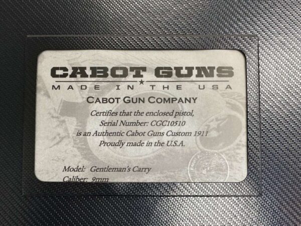 CABOT GUNS THE GENTLEMENS' CARRY STAINLESS MAMMOTH GRIPS 9MM CERTIFICATE OF AUTHENTICITY