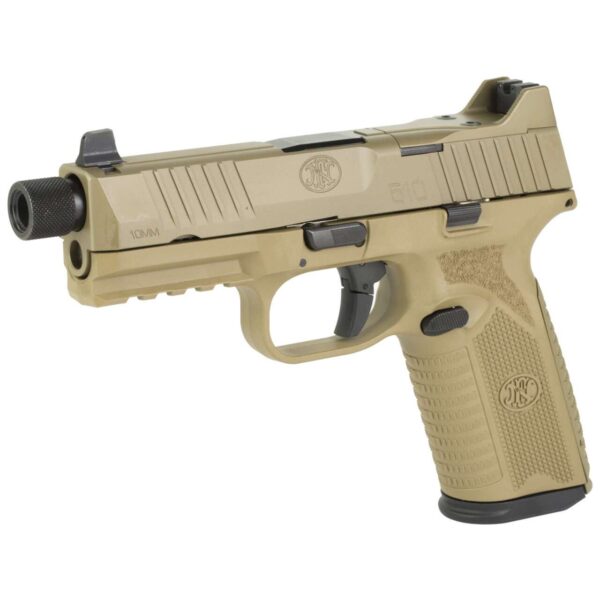 FN HERSTAL 510 TACTICAL FDE NIGH SIGHTS OPTIC READY 10MM LEFT SIDE VIEW FRONT ANGLE