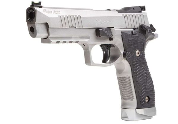 SIG SAUER P226 XFIVE STAINLESS HOGUE BLACK G10 PIRANHA GRIPS 9MM LEFT SIDE VIEW FRONT ANGLE