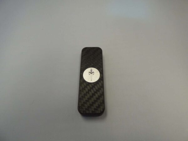 Microtech halo iii mini marfione custom dry carbon fiber case with Marfione Custom logo brushed stainless inlay medallion