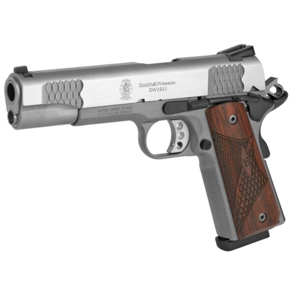 smith and wesson 1911 e-series stainless steel left side view front angle