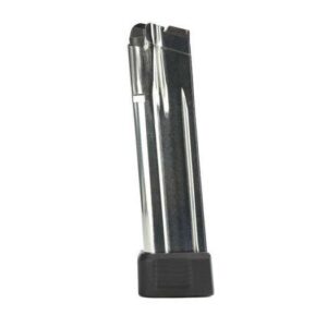 STACCATO 9MM MAGAZINE STAINLESS STEEL 140MM/20 ROUND BOTTOM PORTION LEFT SIDE VIEW FRONT ANGLE