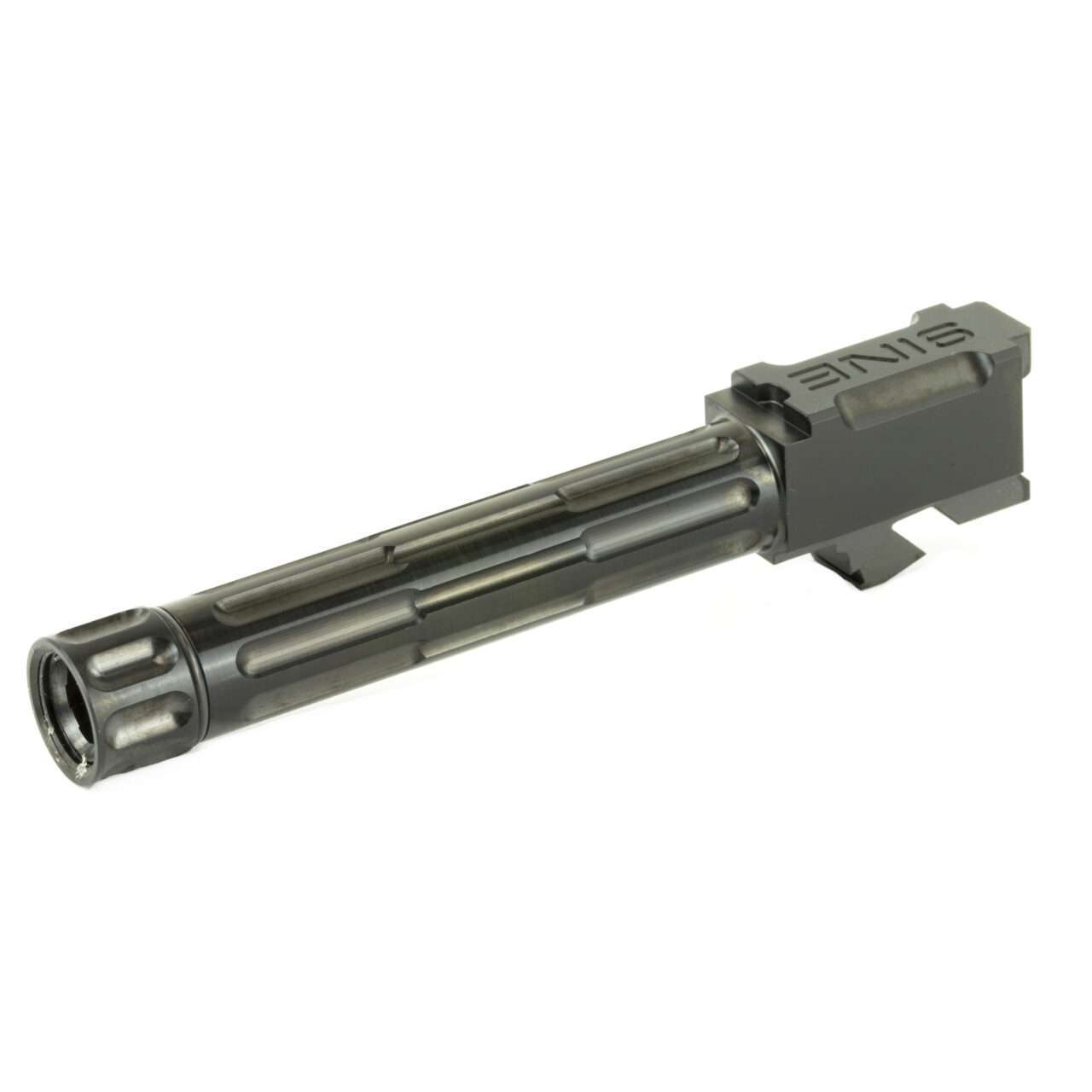 LANTAC GLOCK 9INE G19 THREADED UPGRADE BARREL BLACK RIGHT SIDE VIEW FRONT ANGLE WITH THREAD PROTECTOR OFF