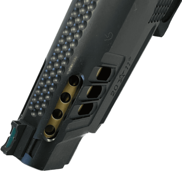 STACCATO P OPTIC READY CUSTOM TITANIUM NITRIDE GOLD BULL BARREL TACTICAL TEXTURE GRIP LEFT SIDE VIEW TOP ANGLE PORTS AND MACHINE WORK CLOSE UP