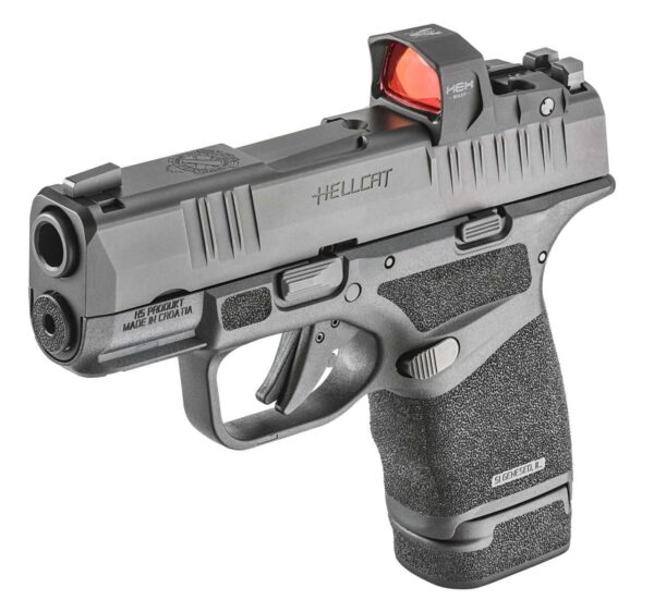 SPRINGFIELD ARMORY HELLCAT OSP WITH WASP OPTIC TOP LEFT SIDE VIEW FRONT ANGLE EXTENDED MAGAZINE