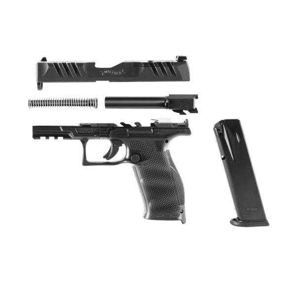 WALTHER PDP FULL-SIZE 4″ 9MM OPTIC READY LEFT SIDE VIEW TAKE APART SHOWING FRAME, SLIDE, RECOIL ASSEMBLY, BARREL AND MAGAZINE