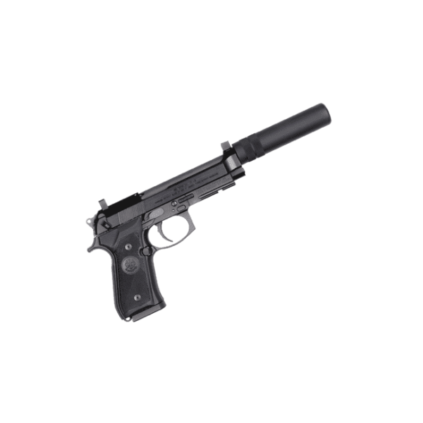 BERETTA 92FSR 22 SUPPRESSOR READY KIT .22LR RIGHT SIDE VIEW MUZZLE ANGLED UP WITH FAUX SUPPRESSOR