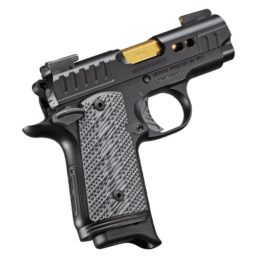 KIMBER MICRO 9 RAPIDE 9MM BLACK/TIN GOLD RIGHT SIDE VIEW MUZZLE ANGLED UP