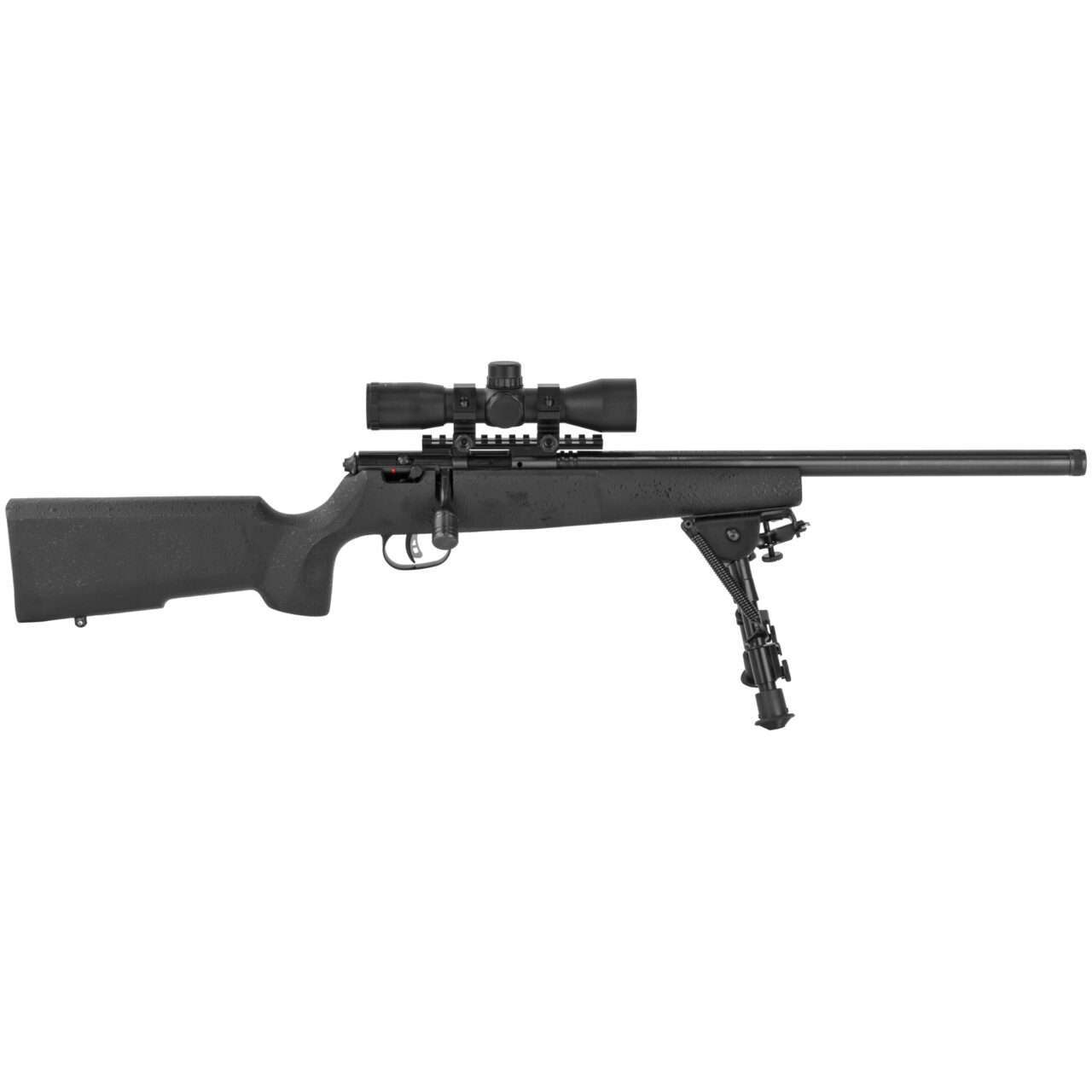 SAVAGE RASCAL TARGET XP WITH SCOPE AND BIPOD .22 LEFT SIDE VIEW FRONT ANGLE
