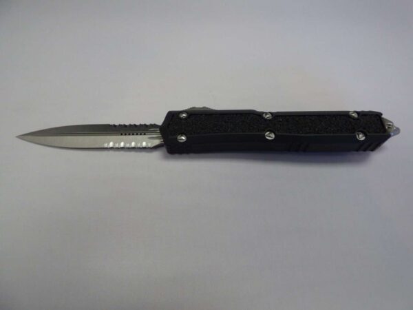MICROTECH MAKORA DOUBLE EDGE SIGNATURE SERIES STONEWASH PARTIAL SERRATED NICKEL BORON INTERNALS LABEL