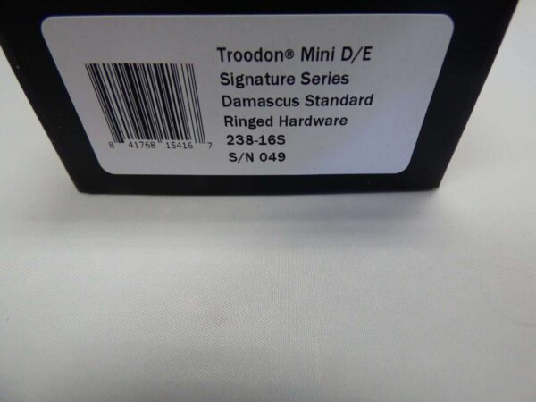 MICROTECH TROODON MINI DOUBLE EDGE SIGNATURE SERIES DAMASCUS STANDARD RINGED HARDWARE  LABEL