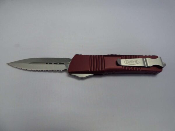 MICROTECH COMBAT TROODON DOUBLE EDGE MERLOT STONWASH FULL SERRATED BLADE OUT CLIP SIDE