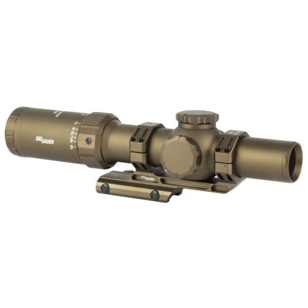 SIG SAUER TANGO-MSR LPVO 1-10X26MM (FFP) COYOTE TAN WITH MOUNT TOP RIGHT SIDE VIEW FRONT ANGLE