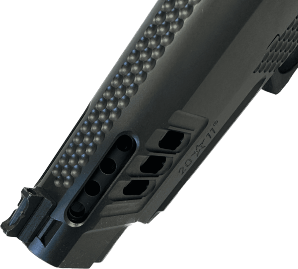 STACCATO P OPTIC READY CUSTOM DLC V8 PORTED BULL BARREL TACTICAL TEXTURE GRIP TOP LEFT SIDE VIEW CLOSE UP PORTING AND MACHINING