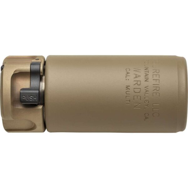 SUREFIRE WARDEN MUZZLE DEVICE DARK EARTH TOP LEFT SIDE VIEW FRONT ANGLE