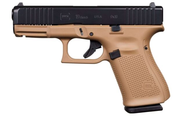 APOLLO CUSTOM GLOCK 19 GEN 5 DAVIDSON'S DARK EARTH FRAME BLACK SLIDE CERAKOTE 9MM