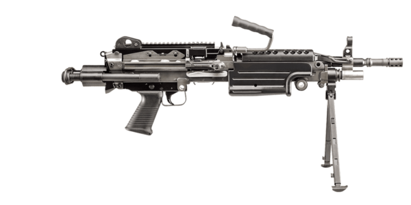 m249s para black right side view bipod open and stock closed
