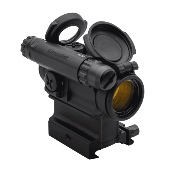 AIMPOINT COMPM5 WITH 39MM SPACER AND LRP MOUNT TOP RIGHT SIDE VIEW FRONT ANGLE