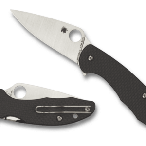 SPYDERCO MANTRA 3 CARBON FIBER CLOSED AND OPEN WITH TIP ANGLED LEFT EDGE FACING DOWN